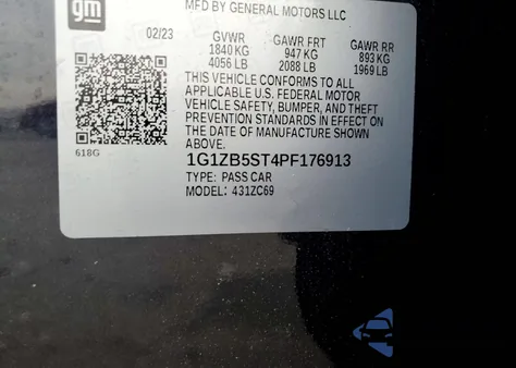 2023 Chevrolet Malibu Ls из США, поврежденный, VIN 1G1ZB5ST4PF176913